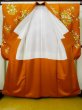 Photo4: L0727L Used Japanese women  Orange FURISODE long-sleeved / Silk. Chrysanthemum, Flower cart pattern  (Grade C) (4)