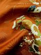 Photo15: L0727L Used Japanese women  Orange FURISODE long-sleeved / Silk. Chrysanthemum, Flower cart pattern  (Grade C) (15)