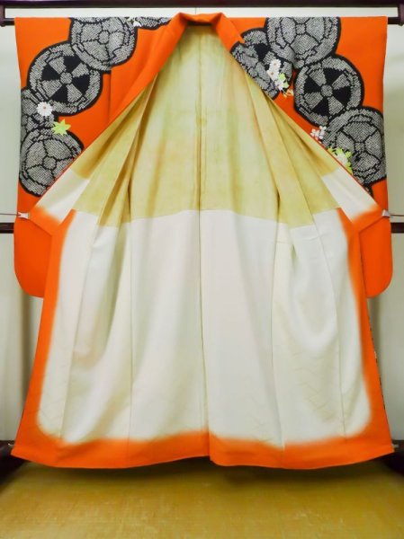 Photo4: L0727M Used Japanese women  Orange FURISODE long-sleeved / Silk. Peony,   (Grade B) (4)