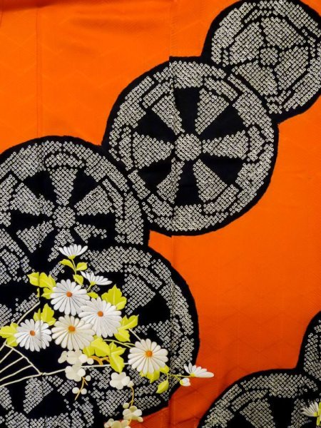 Photo6: L0727M Used Japanese women  Orange FURISODE long-sleeved / Silk. Peony,   (Grade B) (6)
