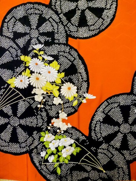 Photo7: L0727M Used Japanese women  Orange FURISODE long-sleeved / Silk. Peony,   (Grade B) (7)
