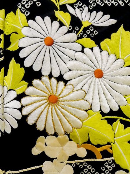 Photo9: L0727M Used Japanese women  Orange FURISODE long-sleeved / Silk. Peony,   (Grade B) (9)