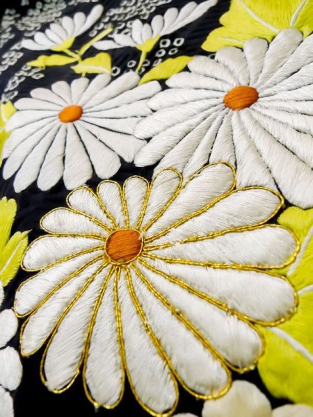 Photo14: L0727M Used Japanese women  Orange FURISODE long-sleeved / Silk. Peony,   (Grade B) (14)