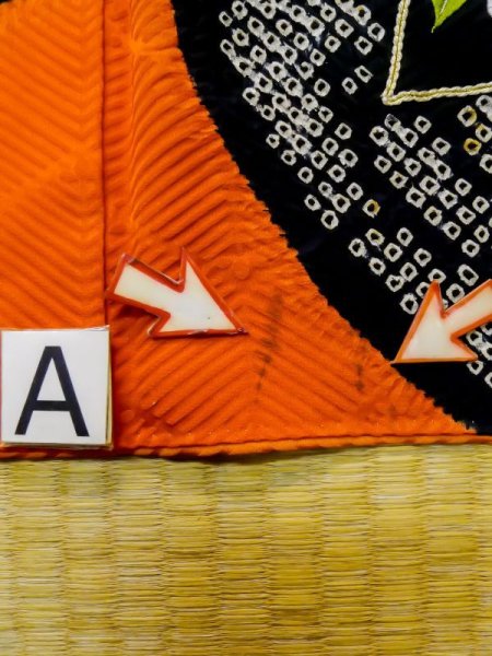 Photo21: L0727M Used Japanese women  Orange FURISODE long-sleeved / Silk. Peony,   (Grade B) (21)