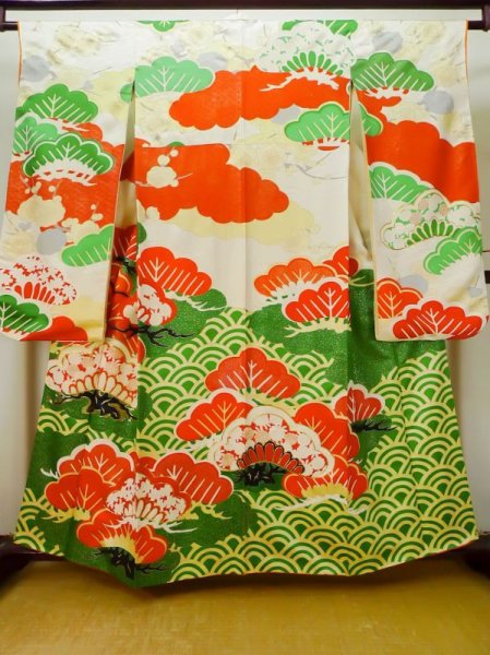 Photo1: L0727N Used Japanese women  Off White FURISODE long-sleeved / Silk. SAKURA cherry blossom,   (Grade D) (1)