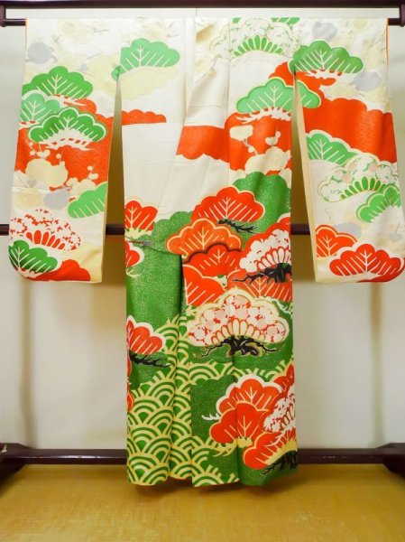 Photo3: L0727N Used Japanese women  Off White FURISODE long-sleeved / Silk. SAKURA cherry blossom,   (Grade D) (3)