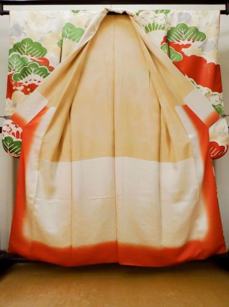 Photo4: L0727N Used Japanese women  Off White FURISODE long-sleeved / Silk. SAKURA cherry blossom,   (Grade D) (4)