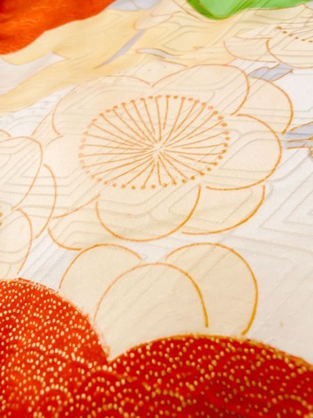 Photo13: L0727N Used Japanese women  Off White FURISODE long-sleeved / Silk. SAKURA cherry blossom,   (Grade D) (13)