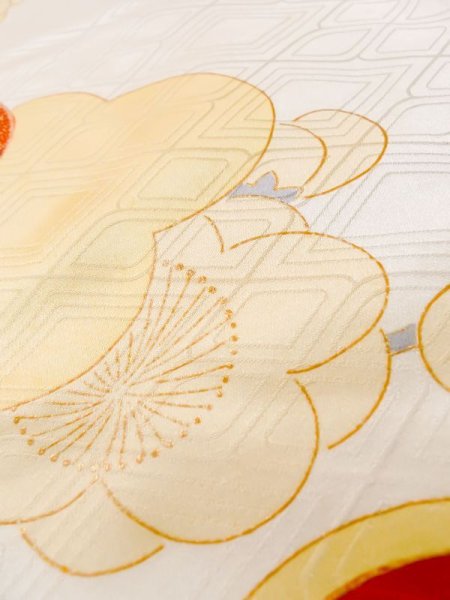 Photo15: L0727N Used Japanese women  Off White FURISODE long-sleeved / Silk. SAKURA cherry blossom,   (Grade D) (15)