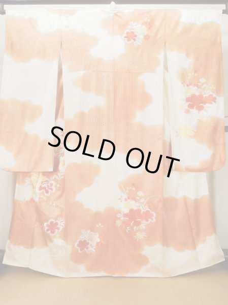 Photo1: L0727O Used Japanese women  Off White FURISODE long-sleeved / Silk. Flower,   (Grade C) (1)