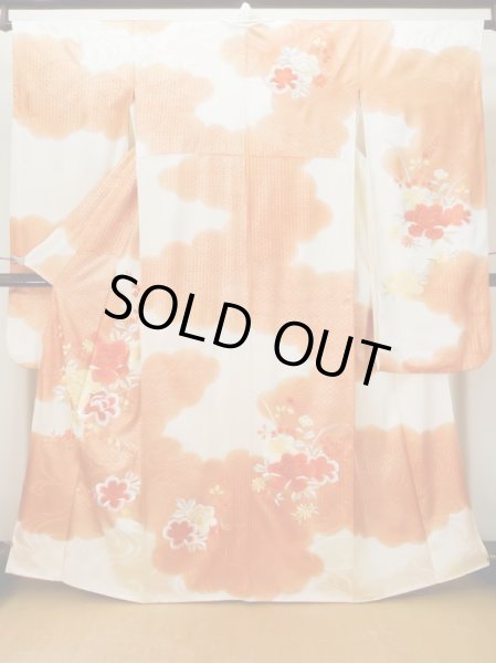 Photo2: L0727O Used Japanese women  Off White FURISODE long-sleeved / Silk. Flower,   (Grade C) (2)