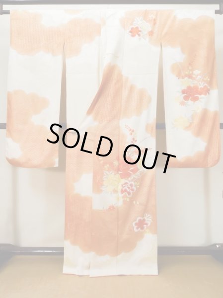 Photo3: L0727O Used Japanese women  Off White FURISODE long-sleeved / Silk. Flower,   (Grade C) (3)