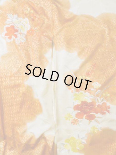Photo5: L0727O Used Japanese women  Off White FURISODE long-sleeved / Silk. Flower,   (Grade C) (5)