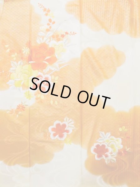 Photo6: L0727O Used Japanese women  Off White FURISODE long-sleeved / Silk. Flower,   (Grade C) (6)