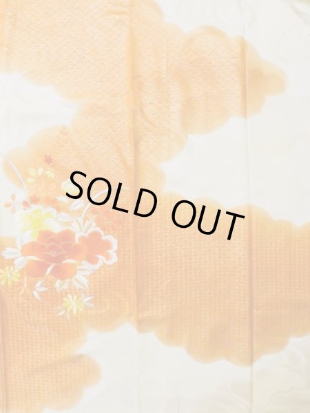 Photo7: L0727O Used Japanese women  Off White FURISODE long-sleeved / Silk. Flower,   (Grade C) (7)