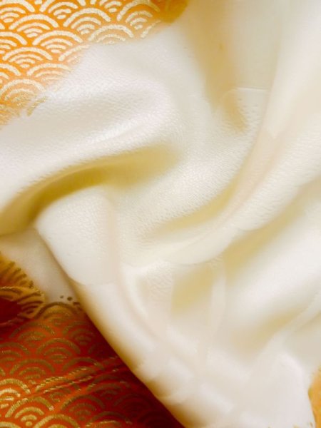 Photo17: L0727O Used Japanese women  Off White FURISODE long-sleeved / Silk. Flower,   (Grade C) (17)