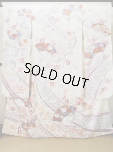 Photo1: L0727P Used Japanese womenPale Light Multi Color FURISODE long-sleeved / Silk. Peony, Folding fan, Crossed circles, Tortoise-shell pattern(Hexagonal pattern)  (Grade C) (1)