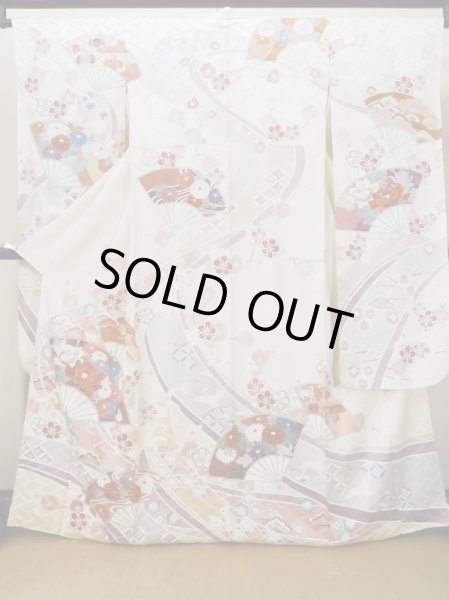 Photo2: L0727P Used Japanese womenPale Light Multi Color FURISODE long-sleeved / Silk. Peony, Folding fan, Crossed circles, Tortoise-shell pattern(Hexagonal pattern)  (Grade C) (2)