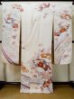 Photo3: L0727P Used Japanese womenPale Light Multi Color FURISODE long-sleeved / Silk. Peony, Folding fan, Crossed circles, Tortoise-shell pattern(Hexagonal pattern)  (Grade C) (3)