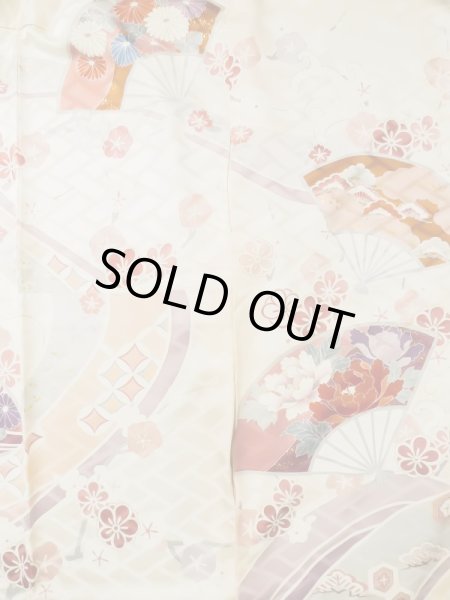 Photo6: L0727P Used Japanese womenPale Light Multi Color FURISODE long-sleeved / Silk. Peony, Folding fan, Crossed circles, Tortoise-shell pattern(Hexagonal pattern)  (Grade C) (6)