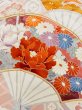 Photo9: L0727P Used Japanese womenPale Light Multi Color FURISODE long-sleeved / Silk. Peony, Folding fan, Crossed circles, Tortoise-shell pattern(Hexagonal pattern)  (Grade C) (9)