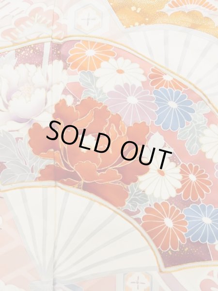 Photo9: L0727P Used Japanese womenPale Light Multi Color FURISODE long-sleeved / Silk. Peony, Folding fan, Crossed circles, Tortoise-shell pattern(Hexagonal pattern)  (Grade C) (9)
