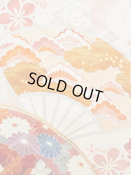 Photo10: L0727P Used Japanese womenPale Light Multi Color FURISODE long-sleeved / Silk. Peony, Folding fan, Crossed circles, Tortoise-shell pattern(Hexagonal pattern)  (Grade C) (10)
