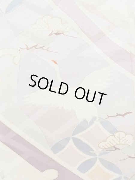 Photo11: L0727P Used Japanese womenPale Light Multi Color FURISODE long-sleeved / Silk. Peony, Folding fan, Crossed circles, Tortoise-shell pattern(Hexagonal pattern)  (Grade C) (11)