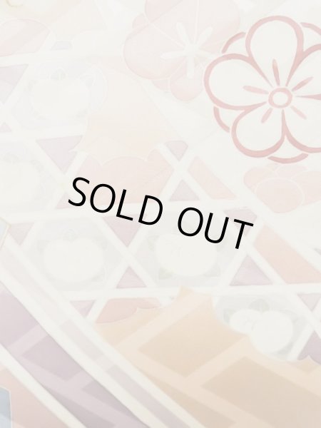 Photo12: L0727P Used Japanese womenPale Light Multi Color FURISODE long-sleeved / Silk. Peony, Folding fan, Crossed circles, Tortoise-shell pattern(Hexagonal pattern)  (Grade C) (12)