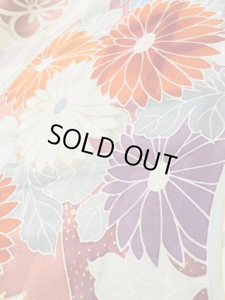 Photo13: L0727P Used Japanese womenPale Light Multi Color FURISODE long-sleeved / Silk. Peony, Folding fan, Crossed circles, Tortoise-shell pattern(Hexagonal pattern)  (Grade C) (13)