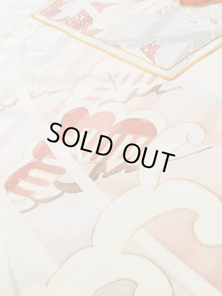 Photo15: L0727P Used Japanese womenPale Light Multi Color FURISODE long-sleeved / Silk. Peony, Folding fan, Crossed circles, Tortoise-shell pattern(Hexagonal pattern)  (Grade C) (15)