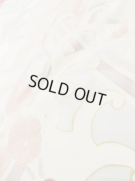 Photo16: L0727P Used Japanese womenPale Light Multi Color FURISODE long-sleeved / Silk. Peony, Folding fan, Crossed circles, Tortoise-shell pattern(Hexagonal pattern)  (Grade C) (16)