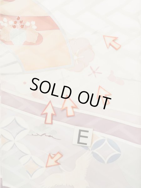 Photo24: L0727P Used Japanese womenPale Light Multi Color FURISODE long-sleeved / Silk. Peony, Folding fan, Crossed circles, Tortoise-shell pattern(Hexagonal pattern)  (Grade C) (24)