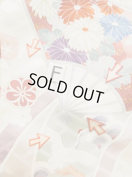 Photo25: L0727P Used Japanese womenPale Light Multi Color FURISODE long-sleeved / Silk. Peony, Folding fan, Crossed circles, Tortoise-shell pattern(Hexagonal pattern)  (Grade C) (25)