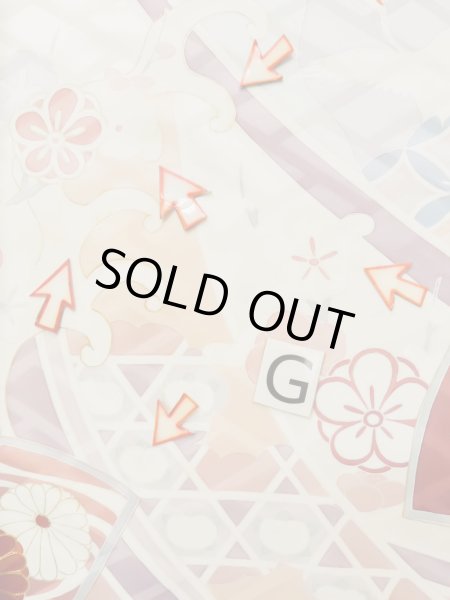 Photo26: L0727P Used Japanese womenPale Light Multi Color FURISODE long-sleeved / Silk. Peony, Folding fan, Crossed circles, Tortoise-shell pattern(Hexagonal pattern)  (Grade C) (26)