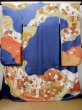 Photo1: L0727Q Used Japanese women Vivid Blue FURISODE long-sleeved / Silk. Chrysanthemum, Cloud, Crossed circles patterns  (Grade B) (1)