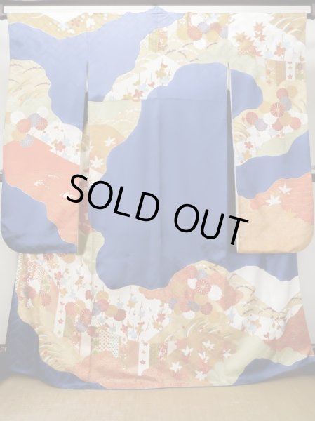 Photo1: L0727Q Used Japanese women Vivid Blue FURISODE long-sleeved / Silk. Chrysanthemum, Cloud, Crossed circles patterns  (Grade B) (1)
