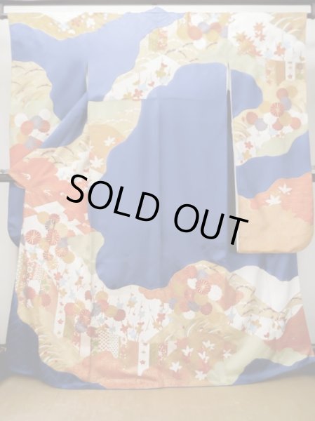Photo2: L0727Q Used Japanese women Vivid Blue FURISODE long-sleeved / Silk. Chrysanthemum, Cloud, Crossed circles patterns  (Grade B) (2)