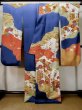 Photo3: L0727Q Used Japanese women Vivid Blue FURISODE long-sleeved / Silk. Chrysanthemum, Cloud, Crossed circles patterns  (Grade B) (3)