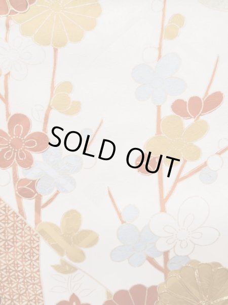 Photo11: L0727Q Used Japanese women Vivid Blue FURISODE long-sleeved / Silk. Chrysanthemum, Cloud, Crossed circles patterns  (Grade B) (11)