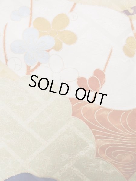 Photo15: L0727Q Used Japanese women Vivid Blue FURISODE long-sleeved / Silk. Chrysanthemum, Cloud, Crossed circles patterns  (Grade B) (15)