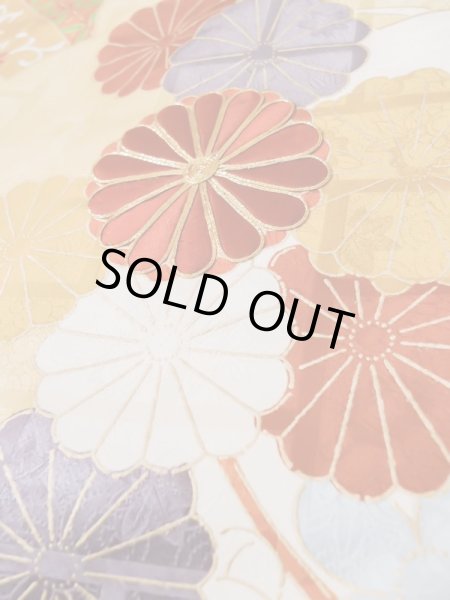 Photo16: L0727Q Used Japanese women Vivid Blue FURISODE long-sleeved / Silk. Chrysanthemum, Cloud, Crossed circles patterns  (Grade B) (16)