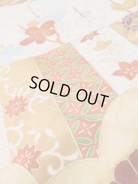 Photo17: L0727Q Used Japanese women Vivid Blue FURISODE long-sleeved / Silk. Chrysanthemum, Cloud, Crossed circles patterns  (Grade B) (17)