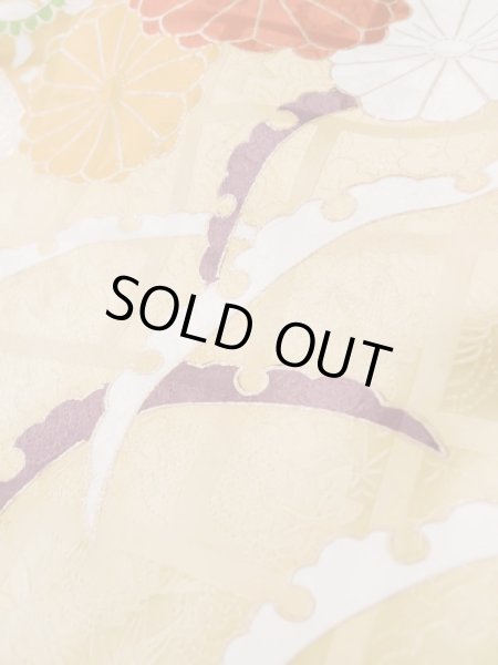 Photo19: L0727Q Used Japanese women Vivid Blue FURISODE long-sleeved / Silk. Chrysanthemum, Cloud, Crossed circles patterns  (Grade B) (19)