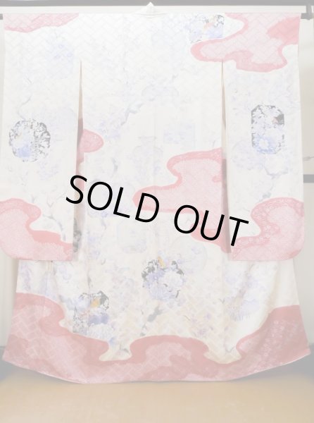 Photo1: L0727R Used Japanese women Pale Red FURISODE long-sleeved / Silk. Peony, Birds, wave, pods, dapple pattern, Abstract pattern  (Grade B) (1)