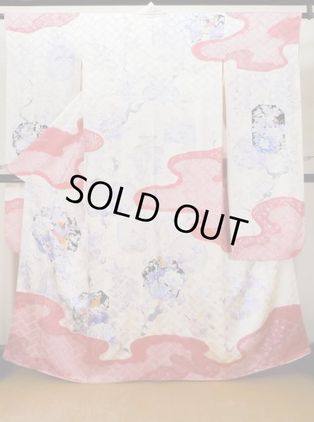 Photo2: L0727R Used Japanese women Pale Red FURISODE long-sleeved / Silk. Peony, Birds, wave, pods, dapple pattern, Abstract pattern  (Grade B) (2)