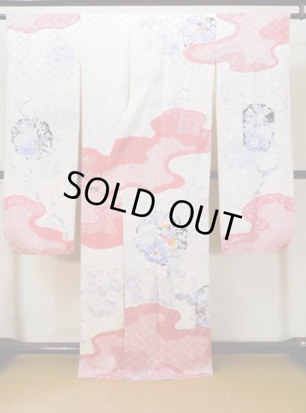 Photo3: L0727R Used Japanese women Pale Red FURISODE long-sleeved / Silk. Peony, Birds, wave, pods, dapple pattern, Abstract pattern  (Grade B) (3)