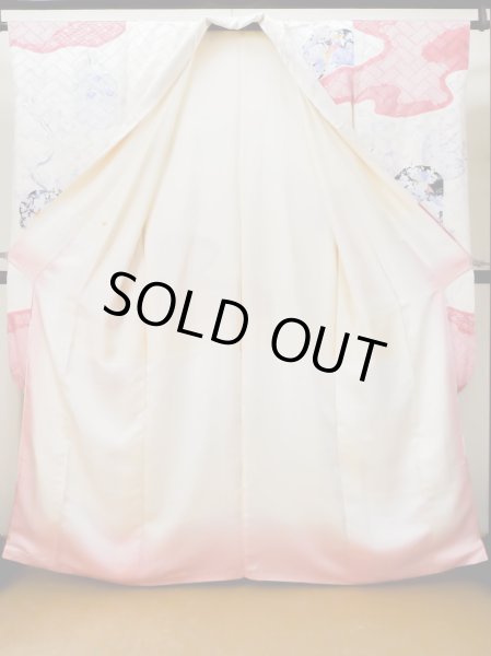 Photo4: L0727R Used Japanese women Pale Red FURISODE long-sleeved / Silk. Peony, Birds, wave, pods, dapple pattern, Abstract pattern  (Grade B) (4)