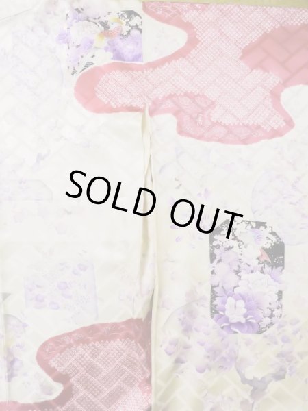 Photo5: L0727R Used Japanese women Pale Red FURISODE long-sleeved / Silk. Peony, Birds, wave, pods, dapple pattern, Abstract pattern  (Grade B) (5)