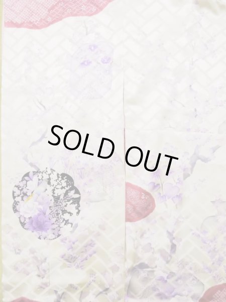 Photo6: L0727R Used Japanese women Pale Red FURISODE long-sleeved / Silk. Peony, Birds, wave, pods, dapple pattern, Abstract pattern  (Grade B) (6)